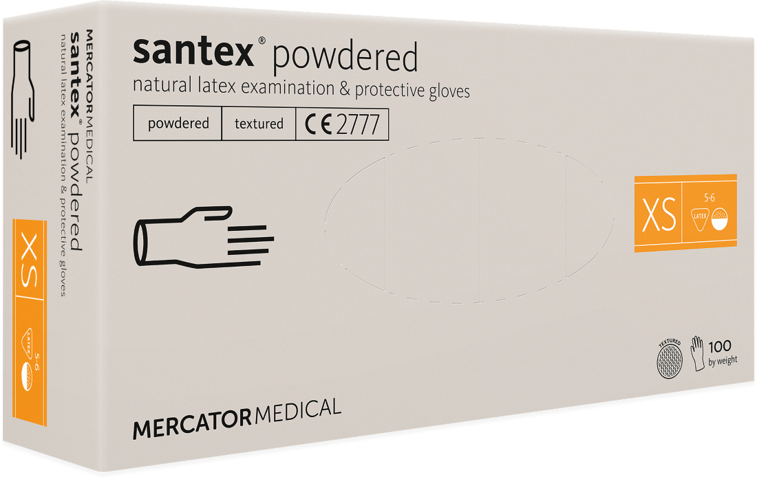 Рукавички латексні оглядові нестерильні припудрені Santex® Powdered, розмір XS, Mercator Medical